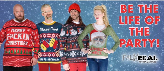 Looking for ugly christmas sweaters? Check out the line at Faux Real. Super comfy ugly christmas sweater gift ideas!